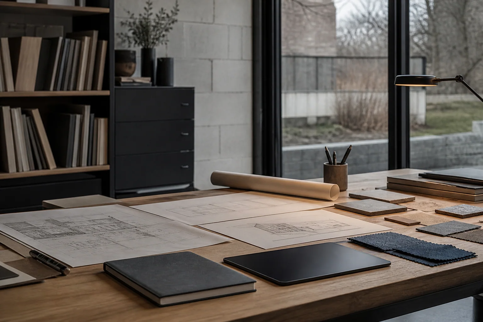 Illustrative architectural drawings and work materials arranged on a project planning table